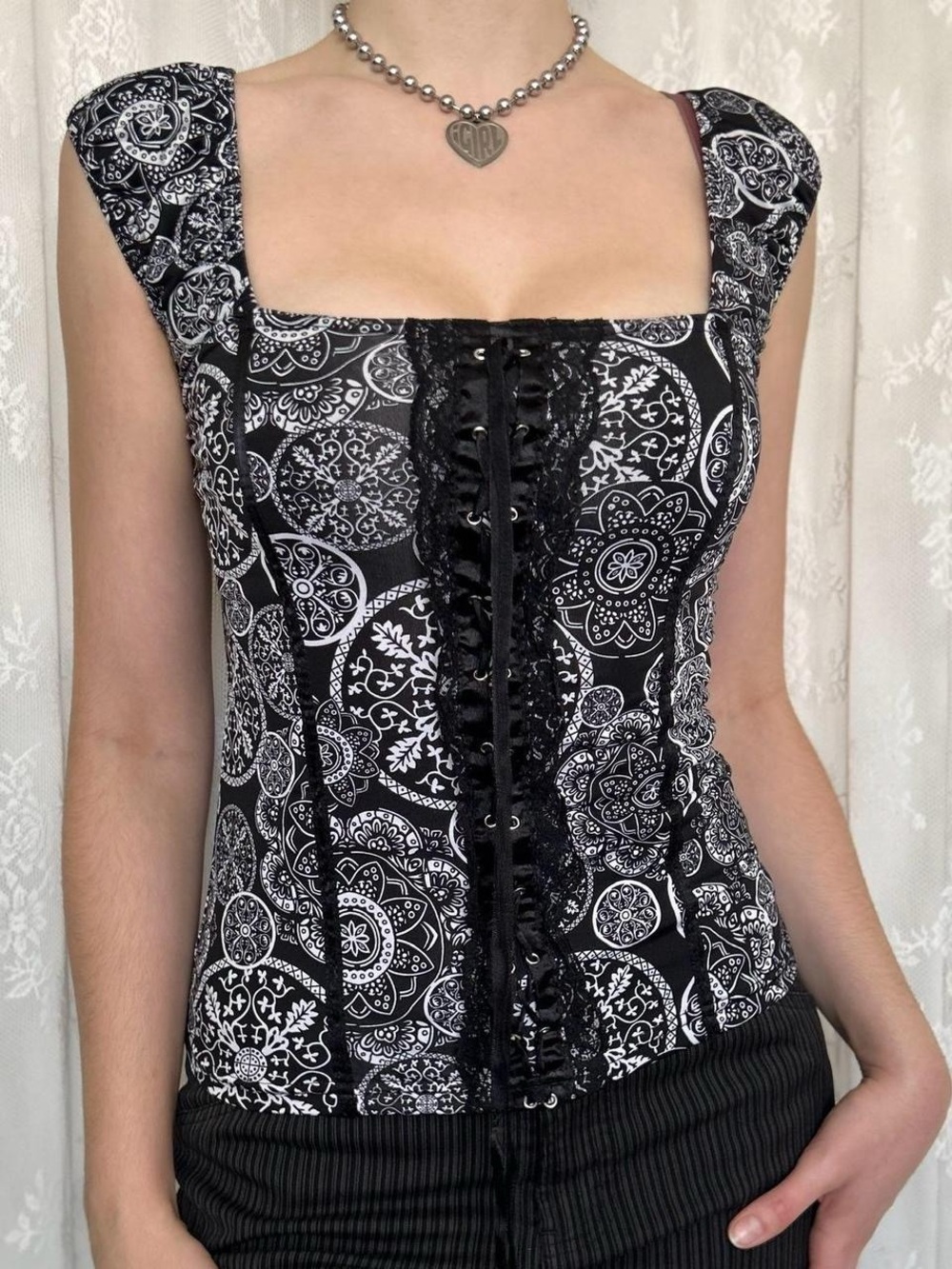 Y2K 2000s Whimsygoth Black & White Milkmaid Top